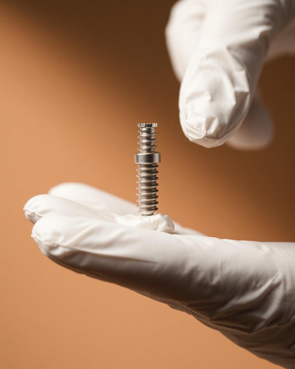 Titanium dental implant held by gloved hand