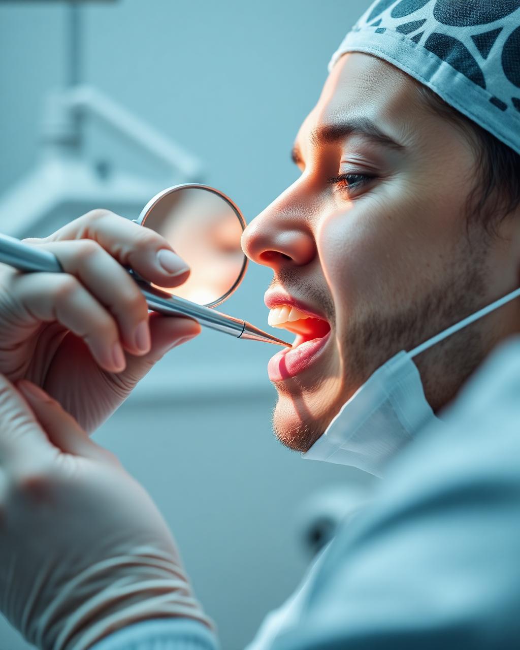 Dentist examining tooth with mirror